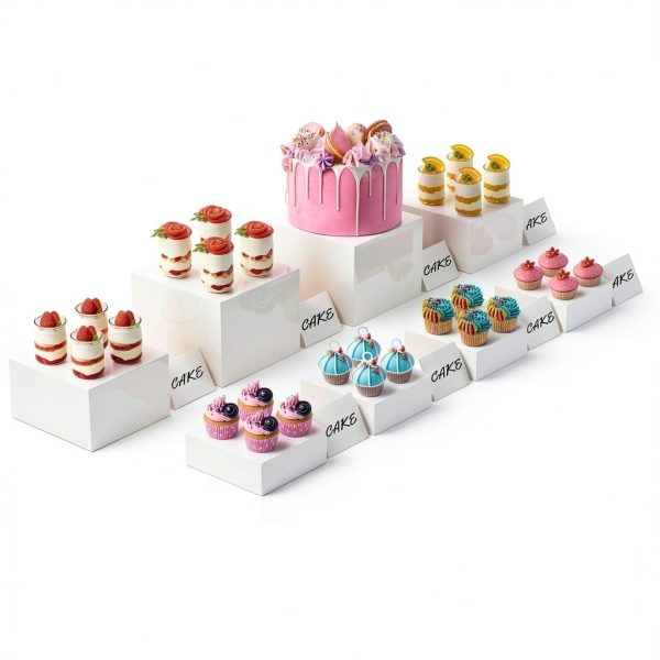 8” Buffet Risers with Mini Signs, Buffet Table Risers and Stands, Acrylic Cube Display Box for Catering Party Table Food Display, Dessert, Cakes - White, Set of 8 Boxes-2