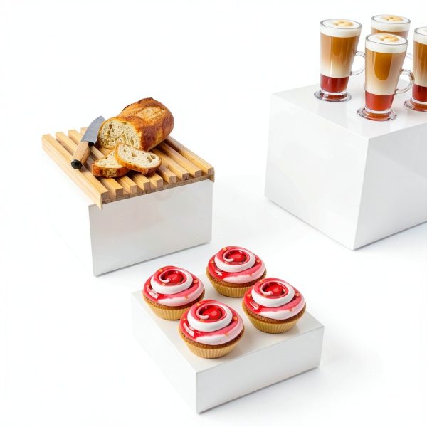 8” Buffet Risers with Mini Signs, Buffet Table Risers and Stands, Acrylic Cube Display Box for Catering Party Table Food Display, Dessert, Cakes - White, Set of 8 Boxes-7