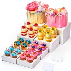 8” Buffet Risers with Mini Signs, Buffet Table Risers and Stands, Acrylic Cube Display Box for Catering Party Table Food Display, Dessert, Cakes - White, Set of 8 Boxes-0