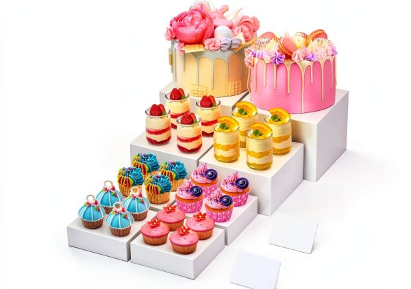 8” Buffet Risers with Mini Signs, Buffet Table Risers and Stands, Acrylic Cube Display Box for Catering Party Table Food Display, Dessert, Cakes - White, Set of 8 Boxes-0