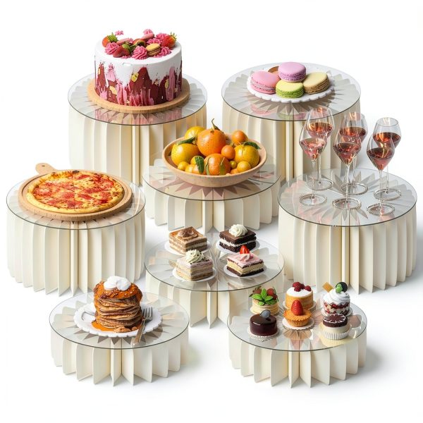 8 PCS Buffet Risers, Foldable Food Risers for Buffet Table, Cylinder Display Stands for Party, White Cake Cupcake Stands for Food Display, Catering Supplies-0