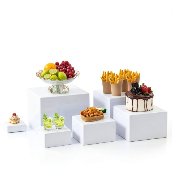 6PCS Buffet risers Acrylic Cubes for Display Food risers for Buffet Table White Dessert Table displays Set Cube Boxes Display Nesting Riser Stands Cupcake Stands for decor5/6/6.8/7/7.5/8IN-6
