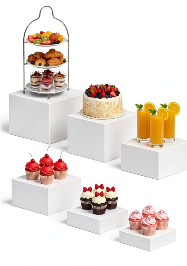 6PCS Buffet risers Acrylic Cubes for Display Food risers for Buffet Table White Dessert Table displays Set Cube Boxes Display Nesting Riser Stands Cupcake Stands for decor5/6/6.8/7/7.5/8IN-7